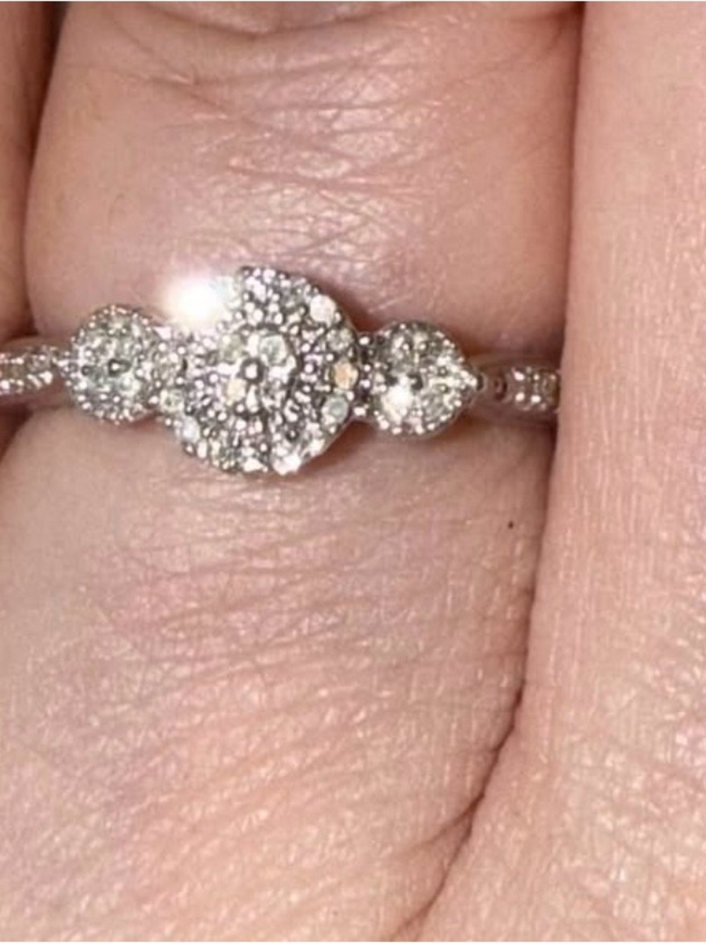 Diamond Cluster Three-Stone Ring - White Gold Tone